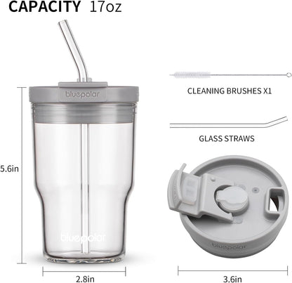 BLUEPOLAR 16oz/480ml Iced Coffee Cups With Lids And Straws,Reusable Leakproof Glass Tumbler,Water Bottles,Cold Brew,Drinking Jars For Juicing,Matcha,Tea,Smoothie For Travel,Office (Off-White)
