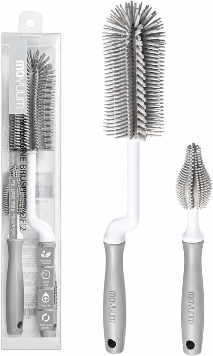 Moyuum Silicone Baby Bottle and Nipple Brush Set | Made in Korea, 360 Degree Rotating Handle, Soft Bristles, Hanging Hole for Quick Drying and Storage, Dishwasher Safe (Cool Grey)