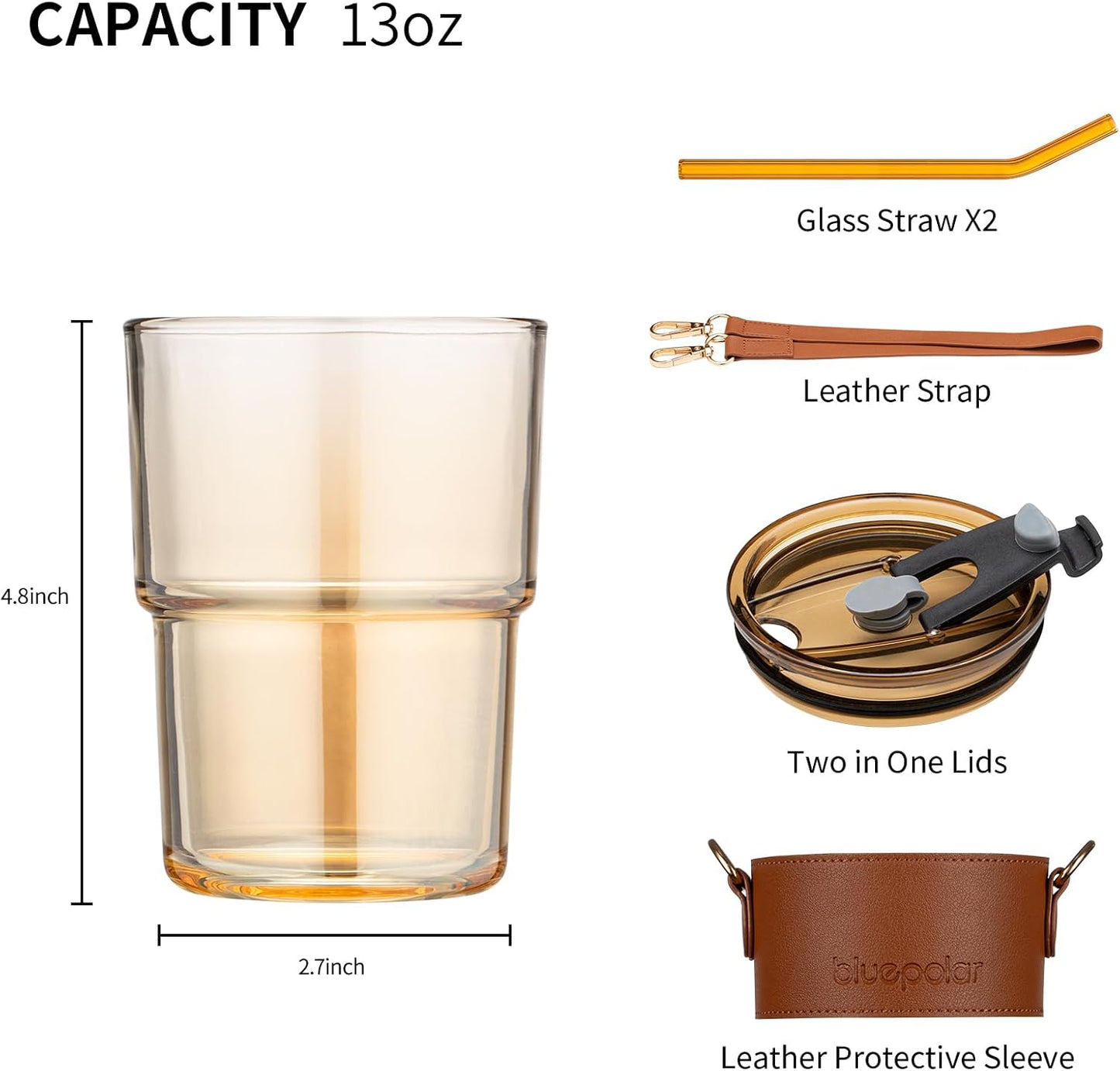 BLUEPOLAR 13oz/400ml Tumbler Water Glass, Cups with Straw and Lid Sealed Carry on for Coffee, Iced Tea, Thick Wall Insulated Glass Cup (Amber)…