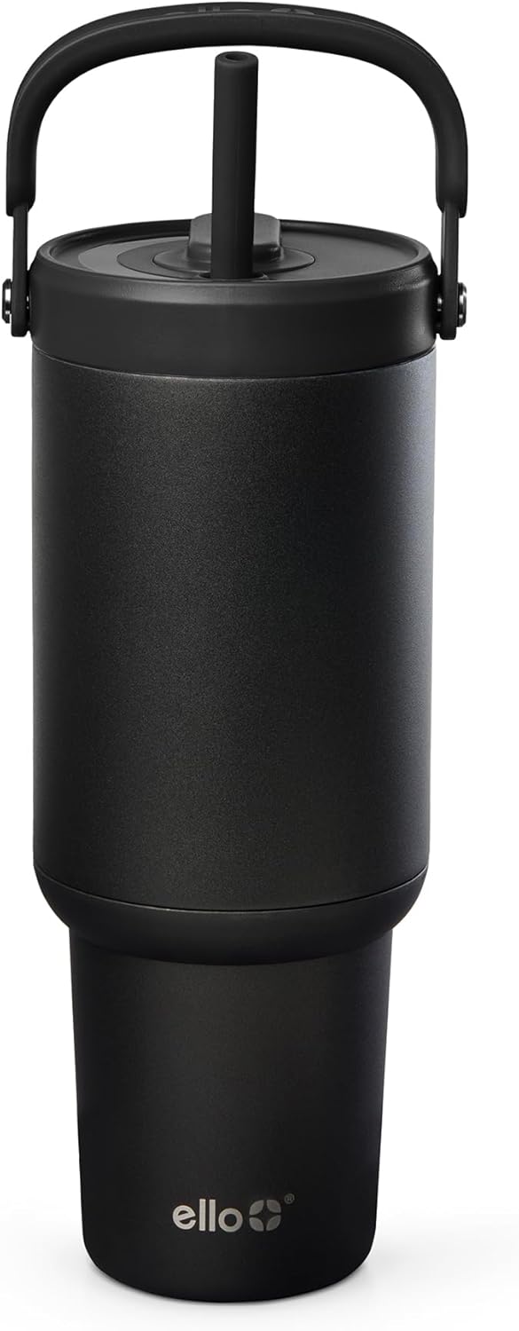 Ello Oasis Go+ 26oz Tumbler with Top Handle and Retracting Straw | Reusable Insulated Stainless Steel Cup, 100% Leakproof Water Bottle, 24 Hours Cold, Cup Holder Friendly For Travel | Wild Rasberry
