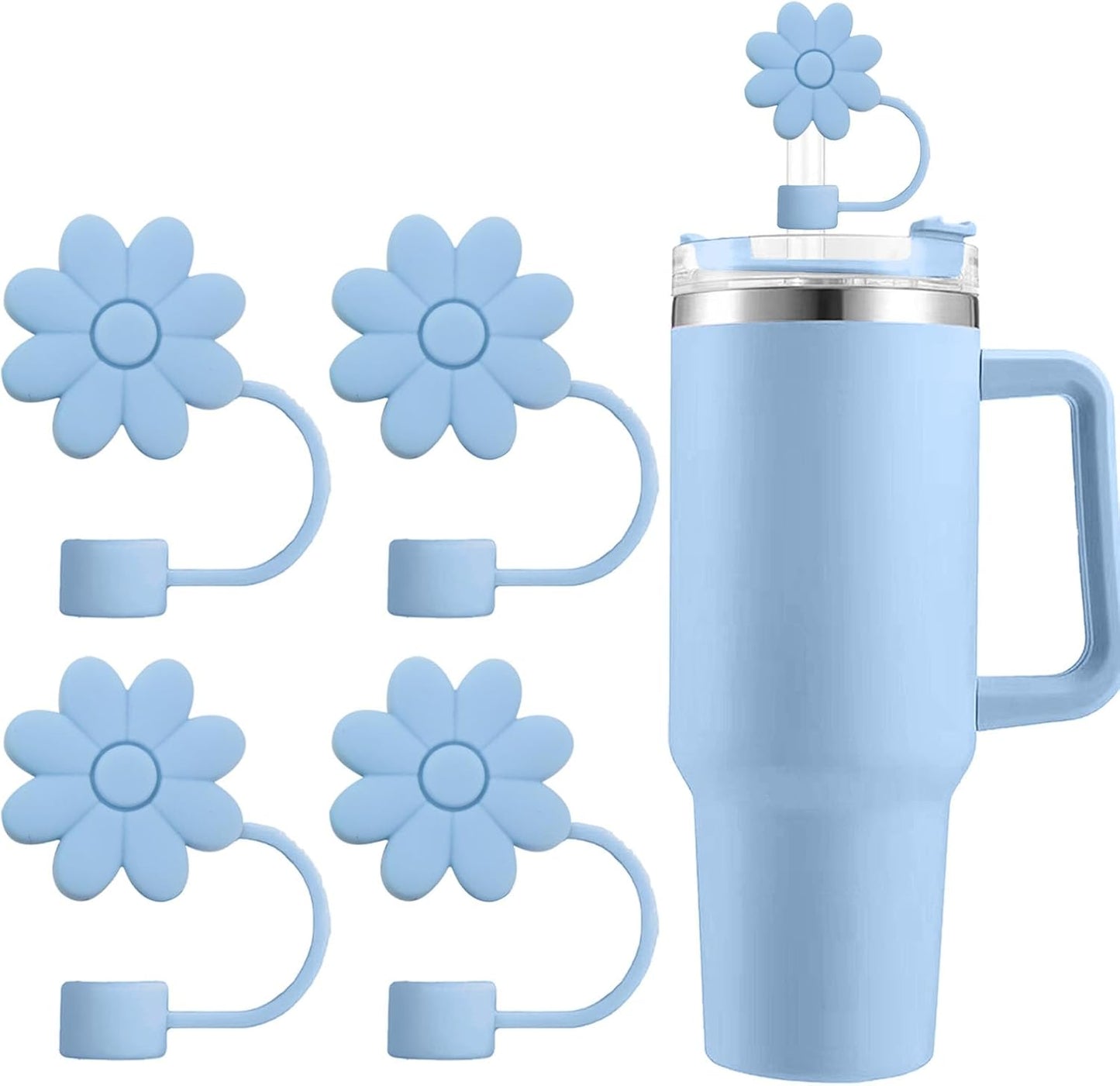 Flower Straw Covers Toppers for Stanley Cups 30&40 Oz Tumbler with Handle Accessories 4PCS Silicone Straw Caps Reusable Straws Tips Protectors for Stanley Cup 10mm 0.4in Straws,Off White