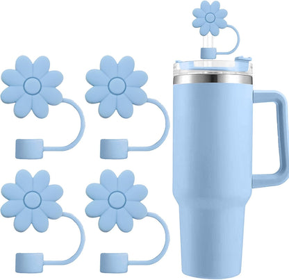 Flower Straw Covers Toppers for Stanley Cups 30&40 Oz Tumbler with Handle Accessories 4PCS Silicone Straw Caps Reusable Straws Tips Protectors for Stanley Cup 10mm 0.4in Straws,Off White