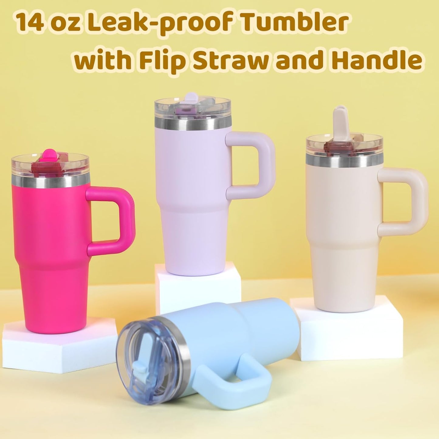 14 oz Tumbler for kids with Detachable Flip Straw Lid and handle, 100% Leak Proof 14 oz mini cup, Stainless Steel Vacuum Insulated Tumbler, Wide Mouth Easy to Clean, Keep Cold or Hot (Pink)