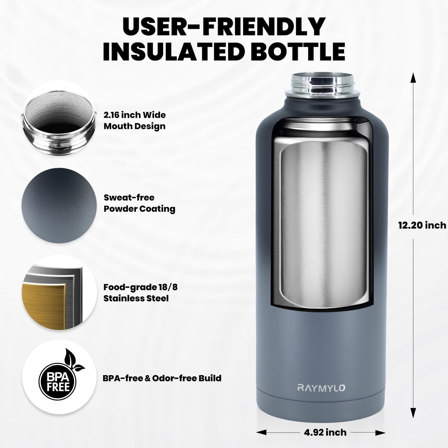 RAYMYLO One Gallon Water Bottle Insulated, Triple Walled Vacuum Stainless Steel (Cold for 48 Hrs), Leak Proof & Non-BPA, Large Water Flask Jug with Paracord Handle & Straw Spout Lids
