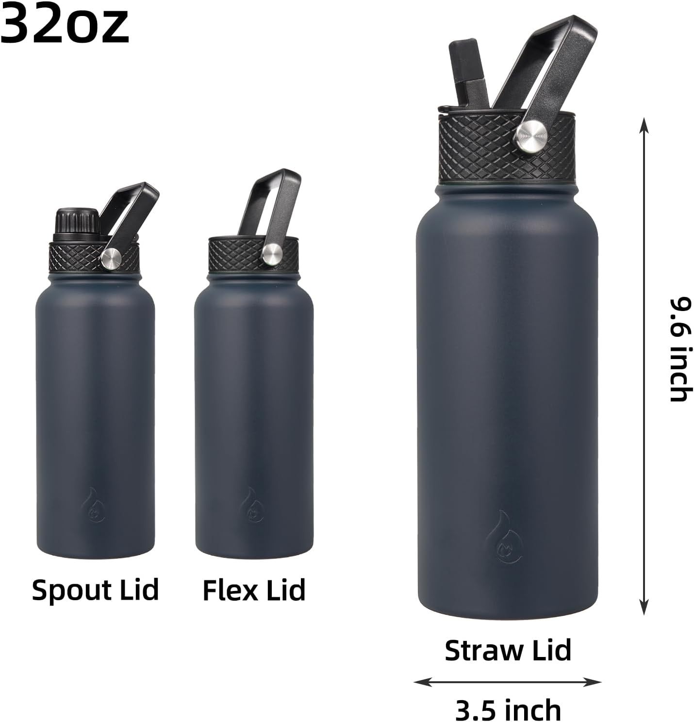 BJPKPK Insulated Water Bottles with Straw Lid, 40oz Stainless Steel Water Bottles with 3 Lids, BPA Free Leakproof Thermo, Tumblers, Cups for Sports, Gym- Midnight - Colors A