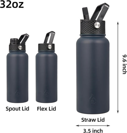 BJPKPK Insulated Water Bottles with Straw Lid, 40oz Stainless Steel Water Bottles with 3 Lids, BPA Free Leakproof Thermo, Tumblers, Cups for Sports, Gym- Midnight - Colors A