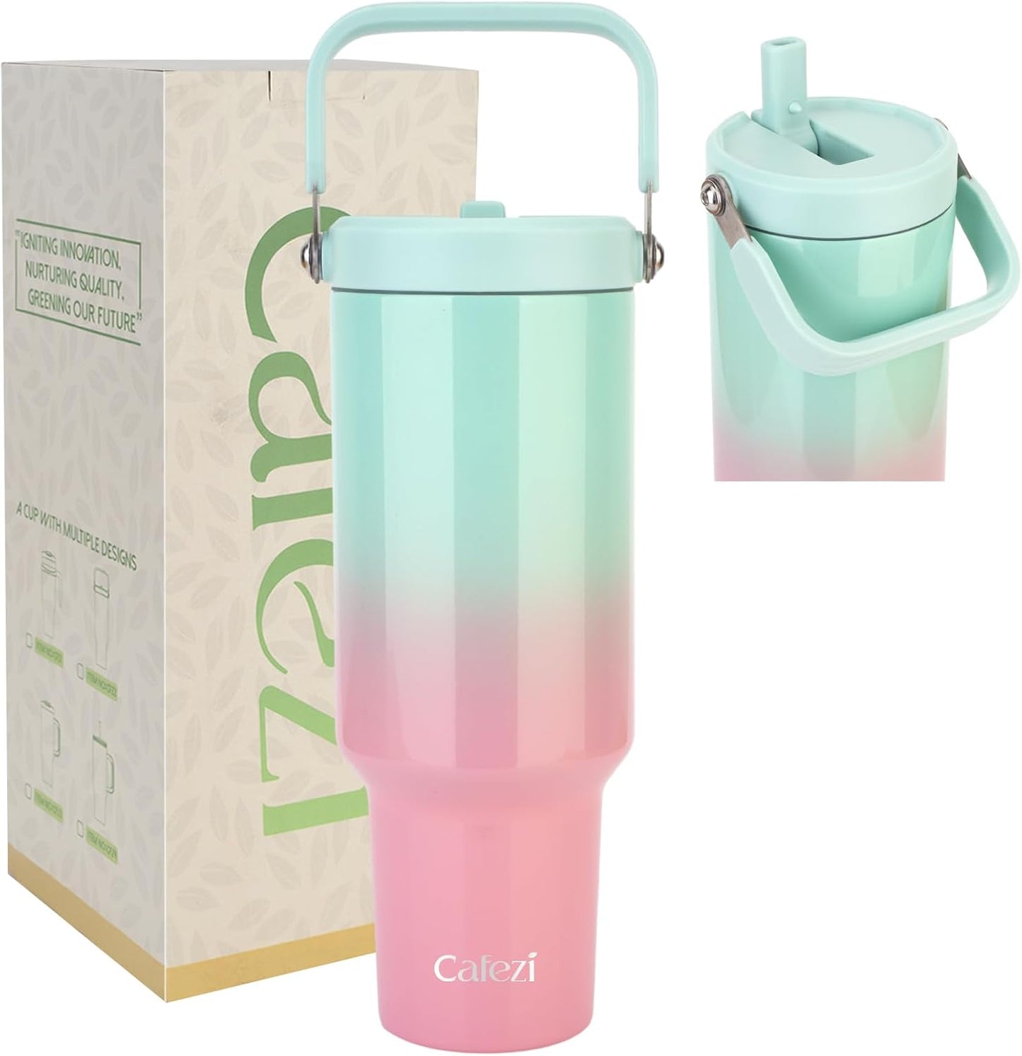 40 oz Insulated Tumbler with Top Handle and Flip Straw, Vacuum Insulated Stainless Steel Cup with Leak-Proof Lid, Sweat-Free, Fits Cup Holder, Keeps Ice Cold up to 30 Hours