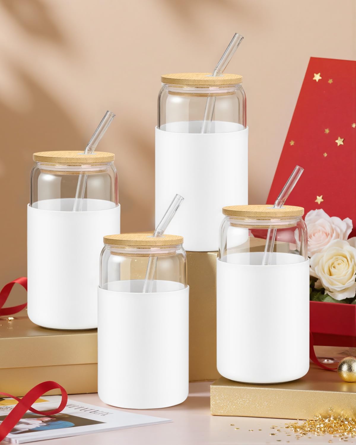 sungwoo 4PCS Glass Cups with Bamboo Lids and Straws, 16OZ Ice Coffee Cup, Drinking Cup set with Wooden Lids, Home Essential Glass Tumblers for Beer, Cocktail, Tea and Latte Clear