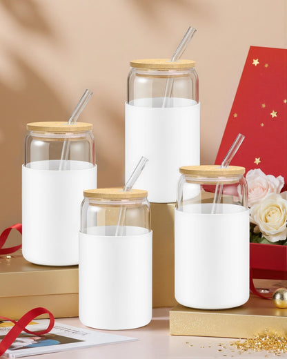 sungwoo 4PCS Glass Cups with Bamboo Lids and Straws, 16OZ Ice Coffee Cup, Drinking Cup set with Wooden Lids, Home Essential Glass Tumblers for Beer, Cocktail, Tea and Latte Clear