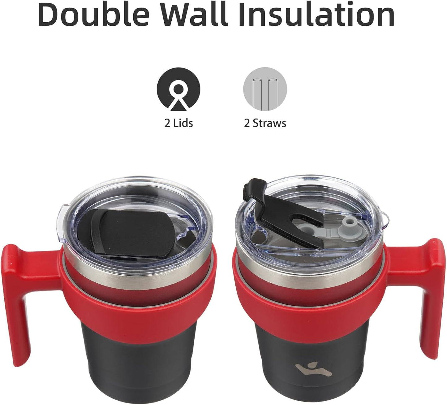 Konokyo 20 oz Tumbler with Handle and 2 Straw 2 Lid, Insulated Water Bottle Stainless Steel Vacuum Cup Reusable Travel Mug,Black
