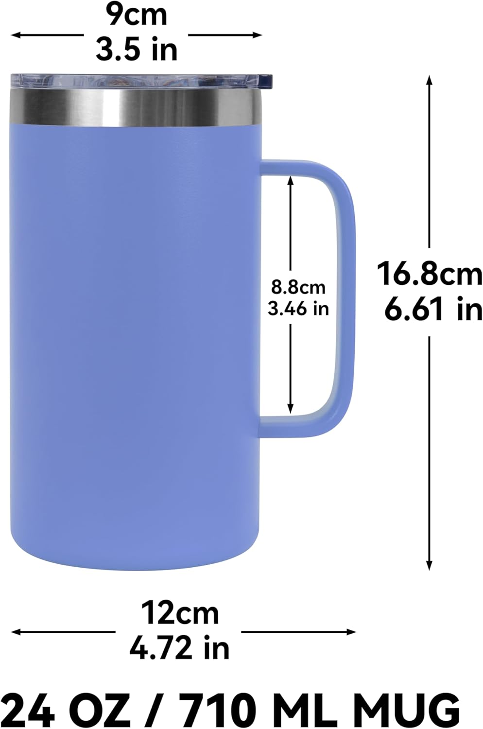 DOMICARE 24oz Mug with Handle and Lid, Stainless Steel Coffee Mug, Reusable Insulated Cup, Travel Mug with Handle, Double Wall Vacuum Coffee Tumbler for Men and Women, Black, Pack 1