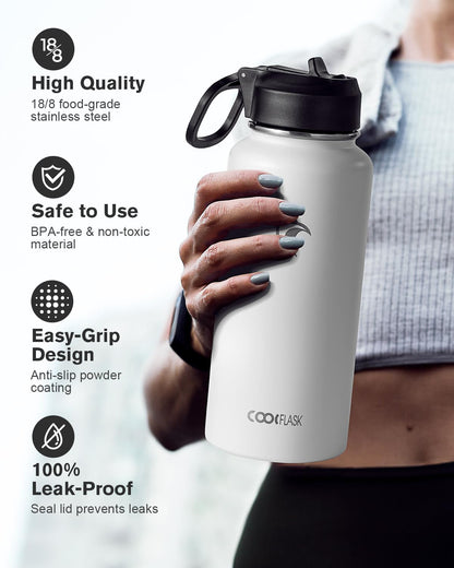 Half Gallon Water Bottle Insulated with Straw & 3 Lids, Coolflask 64 oz Water Jug Large Metal Stainless Steel Wide Mouth for Sports, Gym or Office, Non-BPA Keep Cold 48H Hot 24H, Samurai Cyan
