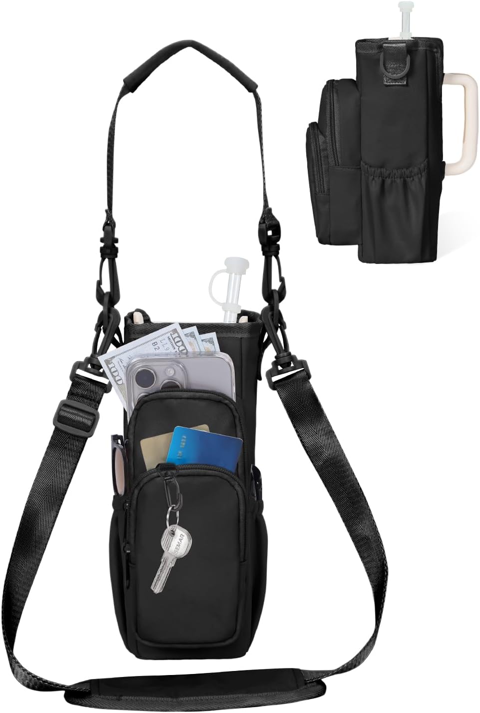 sportsnew Water Bottle Carrier Bag with Phone Pocket for 30oz 40oz Tumbler with Handle Accessories Insulated Water Bottle Holder Pouch with Strap Crossbody with Straw Cover