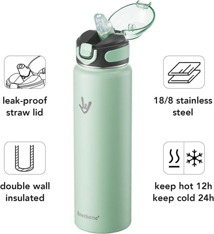 Enerbone 24 oz Insulated Water Bottle, Stainless Steel Bottle with Carrying Strap, Double-Wall Vacuum Insulation Design, Leakproof Sports Bottle with Straw, Keep Drinks Cold or Hot for Hours