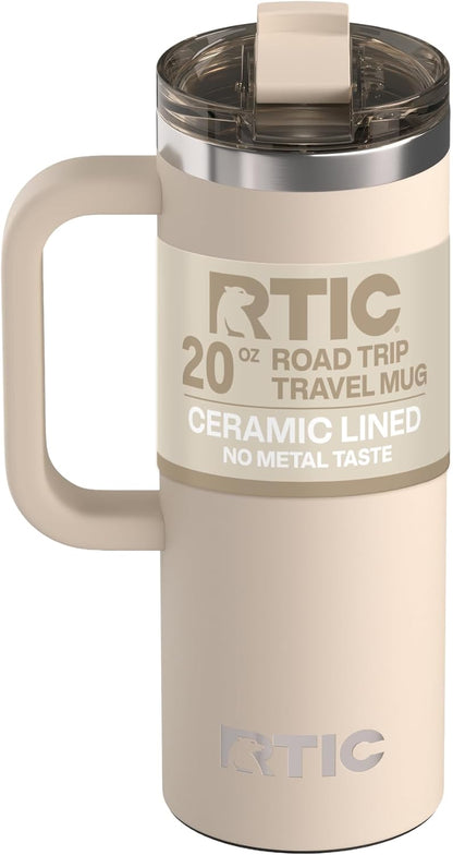 RTIC 20oz Road Trip Travel Mug with Lid and Handle, Ceramic Lined, Insulated, Stainless Steel, Metal, Double Wall Vacuum-Insulation, Portable Coffee, Tea Cup for Hot and Cold Drink, Black