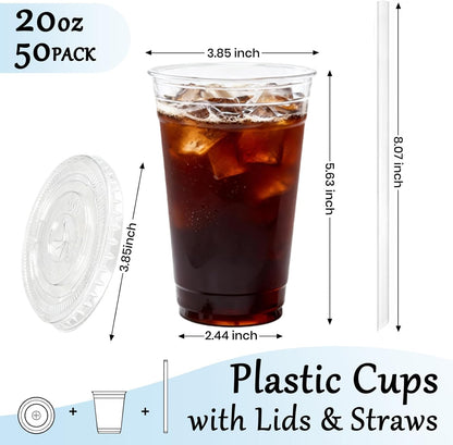 25 Pack 16 oz Clear Plastic Cups with Lids and Straws, Leak-Proof Disposable Iced Coffee Cups, BPA-Free PET Cold Drink Tumblers for Smoothie, Tea and Juice, Crystal Clear To Go Cups