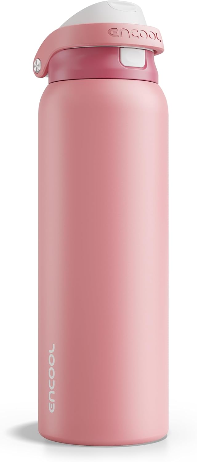 ENCOOL Leakproof Insulated Water Bottle with Straw Dual-Sip Water Bottle Bag-Safe Design for Work, Commute & Gym – Keeps Drinks Cold All Day, 24 oz, Lemonade Pink - Colors A