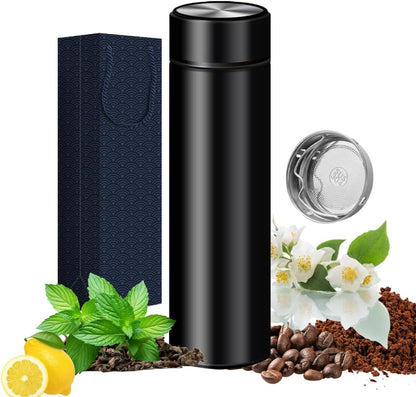 Insulated Water Bottles- Vacuum Tumbler for Coffee, Tea and Drinks with Stainless Steel Infuser - 15 oz Tea Thermo Travel Bottle/Keeps Drinks Hot or Cold for Hours/Gift Packing (Silver)