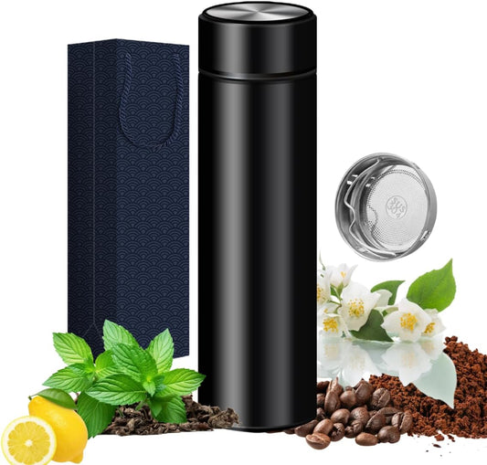 Insulated Water Bottles- Vacuum Tumbler for Coffee, Tea and Drinks with Stainless Steel Infuser - 15 oz Tea Thermo Travel Bottle/Keeps Drinks Hot or Cold for Hours/Gift Packing (Silver)