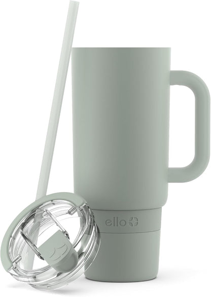 Ello Port 40oz Tumbler with Carry Loop & Integrated Handle, Vacuum Insulated Stainless Steel Reusable Water Bottle, Travel Mug with Leak Proof Lid & Straw, Perfect for Iced Coffee & Tea, White