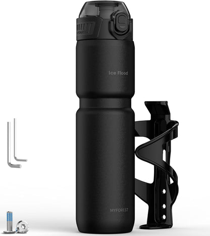 MYFOREST 24oz/700ml Insulated Bike Water Bottle, Odor-Free Surgical Steel Liner, Stronger Grip for Rough Trails, Quick-Open Chug/Straw 2-in-1, Dirt Cap (Glossy Steel)