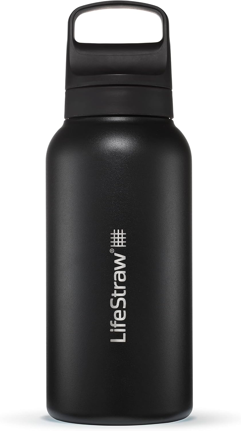 LifeStraw Go Series — Insulated Stainless Steel Water Filter Bottle for Travel and Everyday Use Removes Bacteria, Parasites and Microplastics, Improves Taste, 1L Aegan Sea