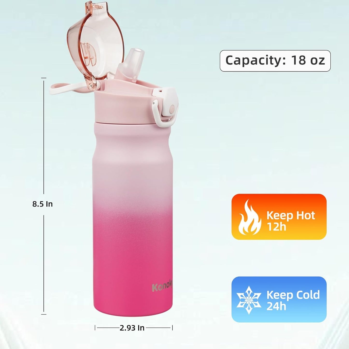 Konokyo 18 oz Insulated Water Bottle with Straw Lid, Stainless Steel Vacuum Sports Water Bottle, Leak-Proof Reusable Metal Flask with Carry Loop, BPA-Free Travel Bottle for Gym, School, Office