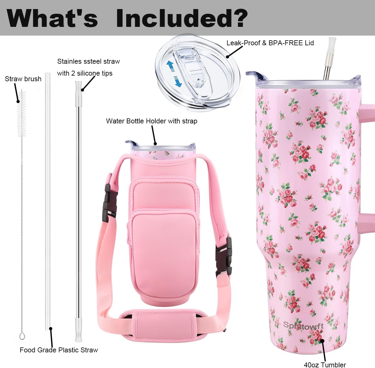 40oz Stainless Steel Double Vacuum Tumbler with Handle, Straw Lid, Carrier Bag, Purse Pouch Phone Pocket, Gym Water Bottle Travel Mug and Sleeve Holder for Men Women (Black)
