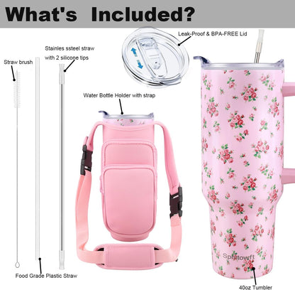 40oz Stainless Steel Double Vacuum Tumbler with Handle, Straw Lid, Carrier Bag, Purse Pouch Phone Pocket, Gym Water Bottle Travel Mug and Sleeve Holder for Men Women (Black)