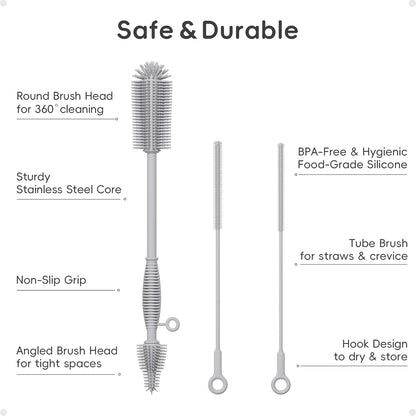 Silicone Cleaning Brush Kit,Water Bottle and Straw Cleaner Brush Set for Tumbler,Baby Bottle,Breast Pump Part,Nipple,Sippy Cup,Glass,Dishwasher Safe,BPA Free,3 Pcs