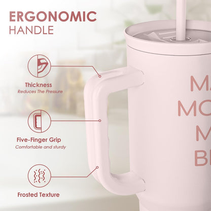 Floral Tumbler with Handle 40oz, Stainless Steel Insulated Tumblers Coffee Travel Mug Cup with Straw, Flower Coffee Cup Gifts for Women Girls, Gift for Her on Christmas Birthday Mothers Day