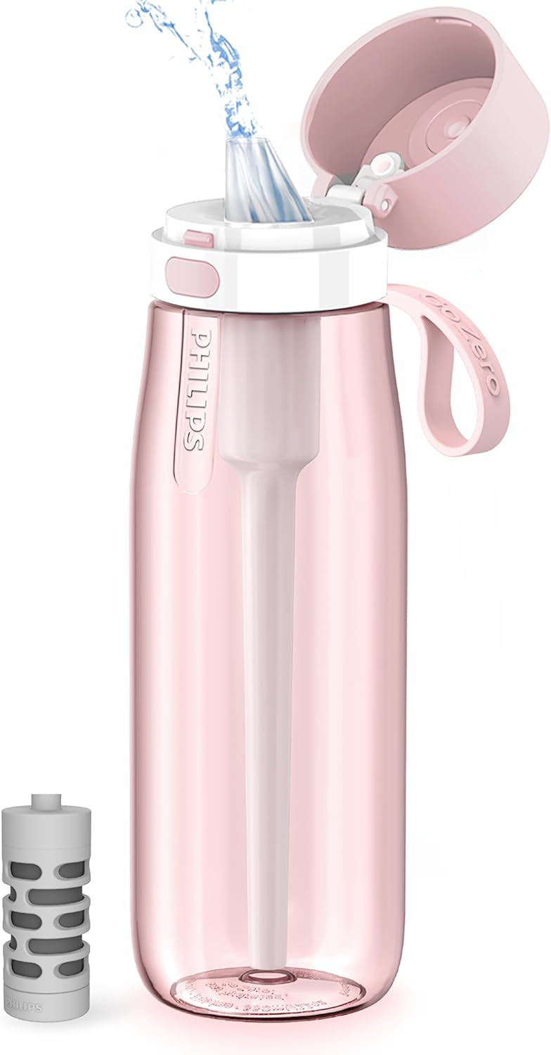 PHILIPS Filtered Water Bottle, BPA-Free Tritan Plastic Water Bottles, Replaces 450 Plastic Water Bottle with Reusable GoZero Everyday Water Filter, Portable Filtering Bottle for Travel, 22 oz, Green