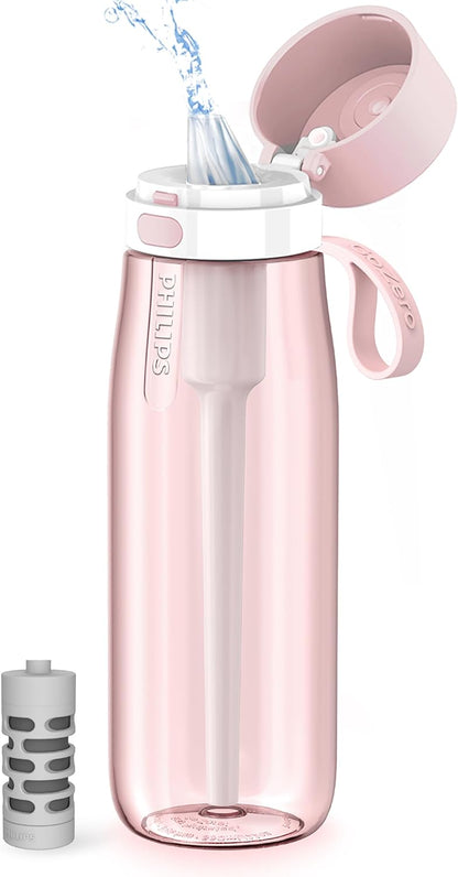 PHILIPS Filtered Water Bottle, BPA-Free Tritan Plastic Water Bottles, Replaces 450 Plastic Water Bottle with Reusable GoZero Everyday Water Filter, Portable Filtering Bottle for Travel, 22 oz, Green