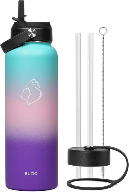 BUZIO 40oz Insulated Water Bottle, Triple Wall Vacuum Stainless Steel Water Flask with 2 lids, Lead-Free BPA-Free Straw Lid Sports Canteen Jug, Cold 48H & Hot 24H- Black - Colors B