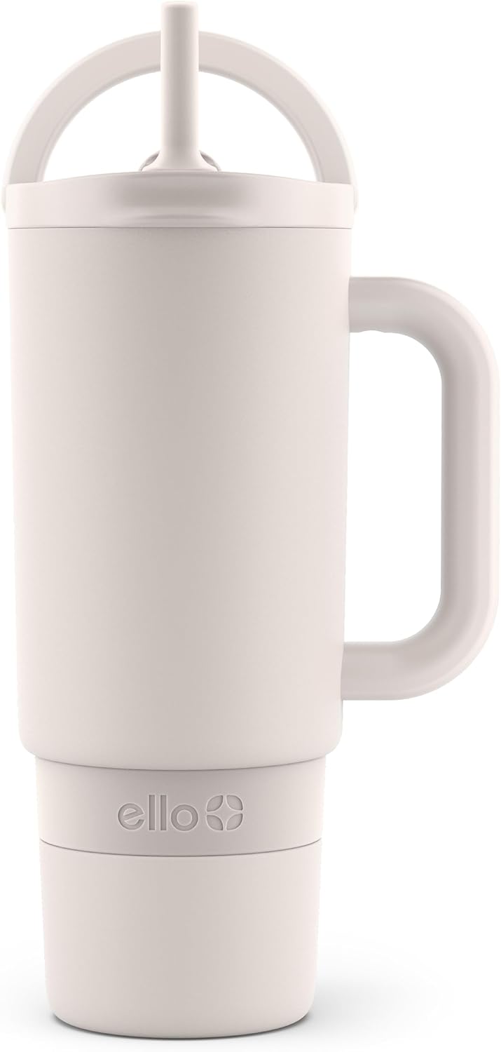 Ello Port 40oz Tumbler with Carry Loop & Integrated Handle, Vacuum Insulated Stainless Steel Reusable Water Bottle, Travel Mug with Leak Proof Lid & Straw, Perfect for Iced Coffee & Tea, White