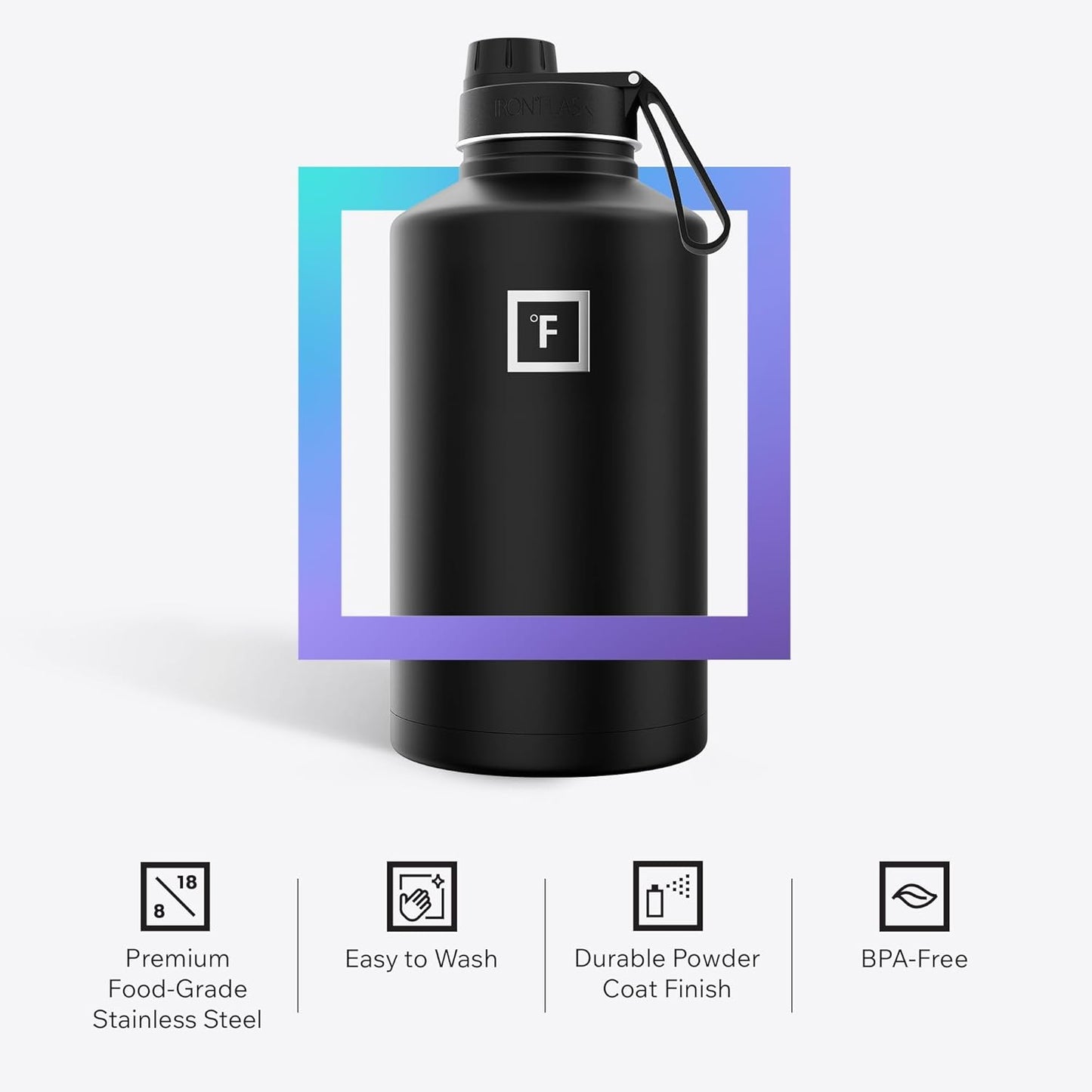 IRON °FLASK Camping & Hiking Hydration Flask with Straw, Wide Mouth Insulated Stainless Steel Sports Water Bottle - 40 oz Midnight Black