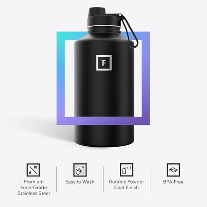 IRON °FLASK Camping & Hiking Hydration Flask with Straw, Wide Mouth Insulated Stainless Steel Sports Water Bottle - 40 oz Midnight Black
