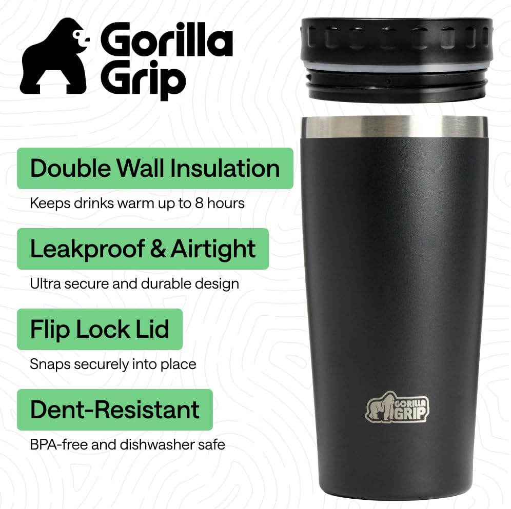 GORILLA GRIP 304 Stainless Steel Double Insulated Travel Coffee Mug, Leakproof Lid with Smooth Sip Top, Prevent Spills, Dent & Rust Resistant Reusable Tumbler Cup, Thermal Mugs for Drinks, 20oz, Black