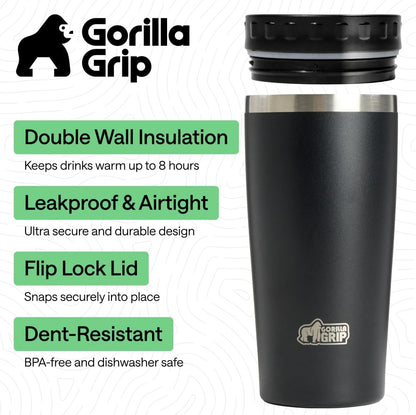 GORILLA GRIP 304 Stainless Steel Double Insulated Travel Coffee Mug, Leakproof Lid with Smooth Sip Top, Prevent Spills, Dent & Rust Resistant Reusable Tumbler Cup, Thermal Mugs for Drinks, 20oz, Black