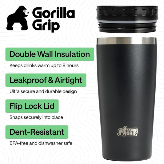 GORILLA GRIP 304 Stainless Steel Double Insulated Travel Coffee Mug, Leakproof Lid with Smooth Sip Top, Prevent Spills, Dent & Rust Resistant Reusable Tumbler Cup, Thermal Mugs for Drinks, 20oz, Black