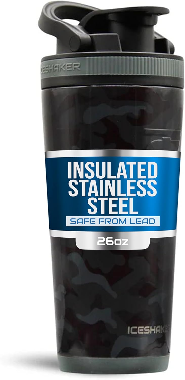 Ice Shaker Insulated Stainless Steel Shaker Bottle | 26oz, Black | Cold for 30+ Hours | Insulated Cup with Twist-on Agitator | Odor-Free Bottle for Protein Shakes, Water, Smoothies, Cocktails
