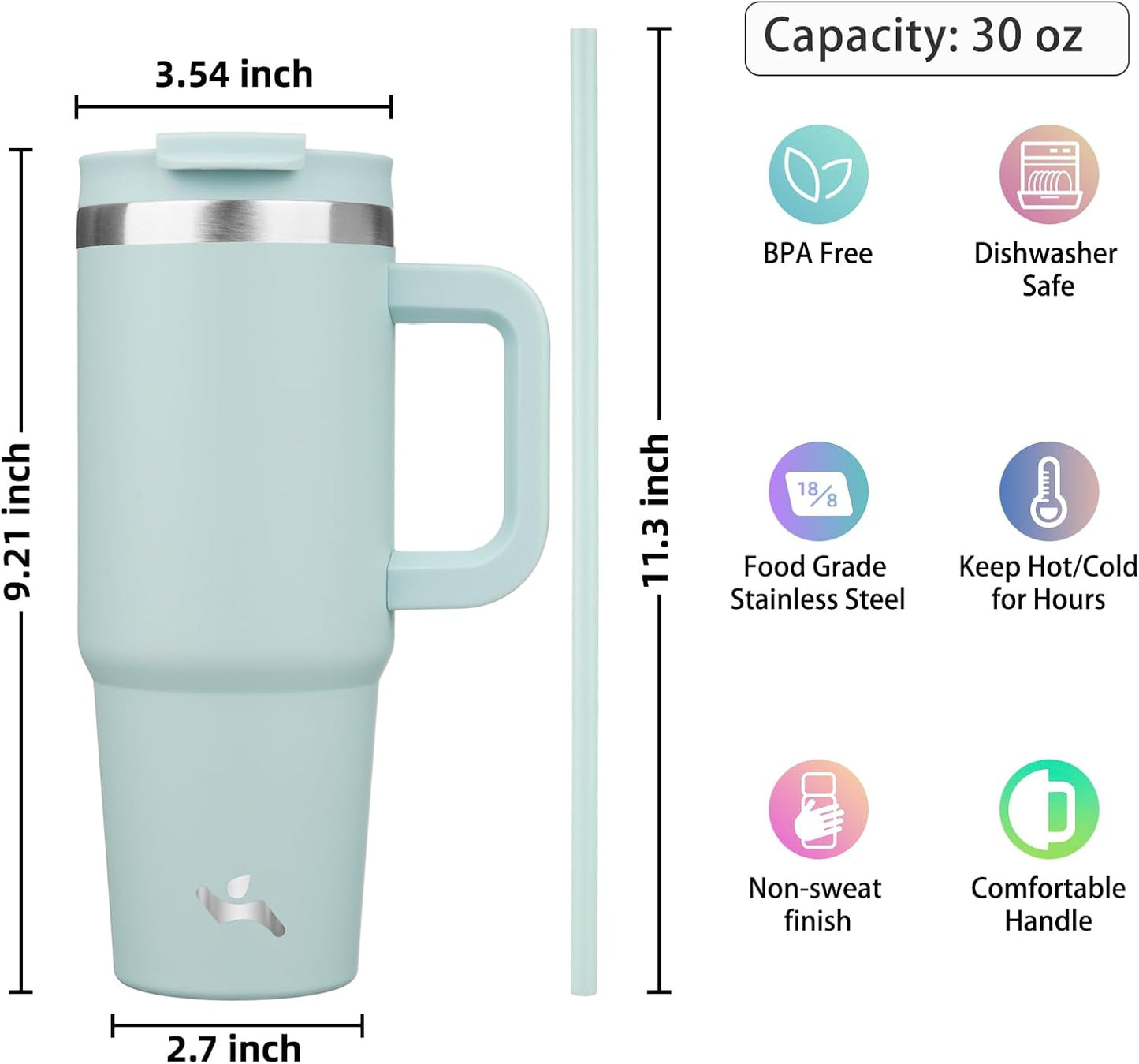 Konokyo 30 oz Tumbler with Handle and 2 Straws,2 in 1 Lid Insulated Water Bottle Stainless Steel Travel Coffee Mug,Sky