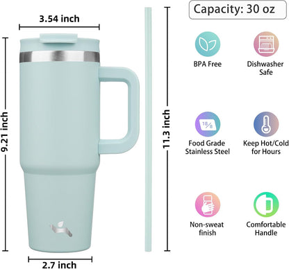 Konokyo 30 oz Tumbler with Handle and 2 Straws,2 in 1 Lid Insulated Water Bottle Stainless Steel Travel Coffee Mug,Sky