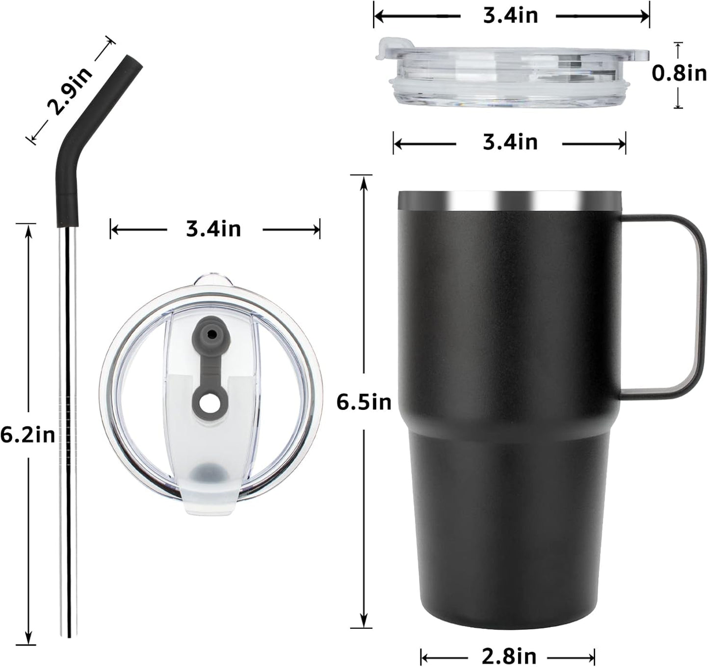 Sursip Insulated Coffee Mug with Handle and Lid, 24 oz Double Wall Vacuum Travel Thermal Coffee Tumbler with Straw for Home, Office Stainless Steel Coffee Cup - Leak proof, BPA Free (Black-1 Pack)
