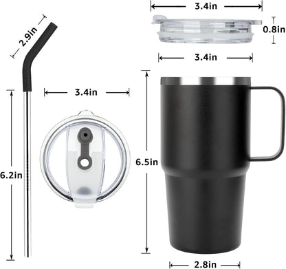 Sursip Insulated Coffee Mug with Handle and Lid, 24 oz Double Wall Vacuum Travel Thermal Coffee Tumbler with Straw for Home, Office Stainless Steel Coffee Cup - Leak proof, BPA Free (Black-1 Pack)