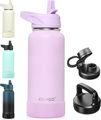 CIVAGO 32 oz Insulated Water Bottle With Straw, Stainless Steel Sports Water Cup Flask with 3 Lids (Straw, Spout and Handle Lid), Wide Mouth Travel Thermal Mug, Black