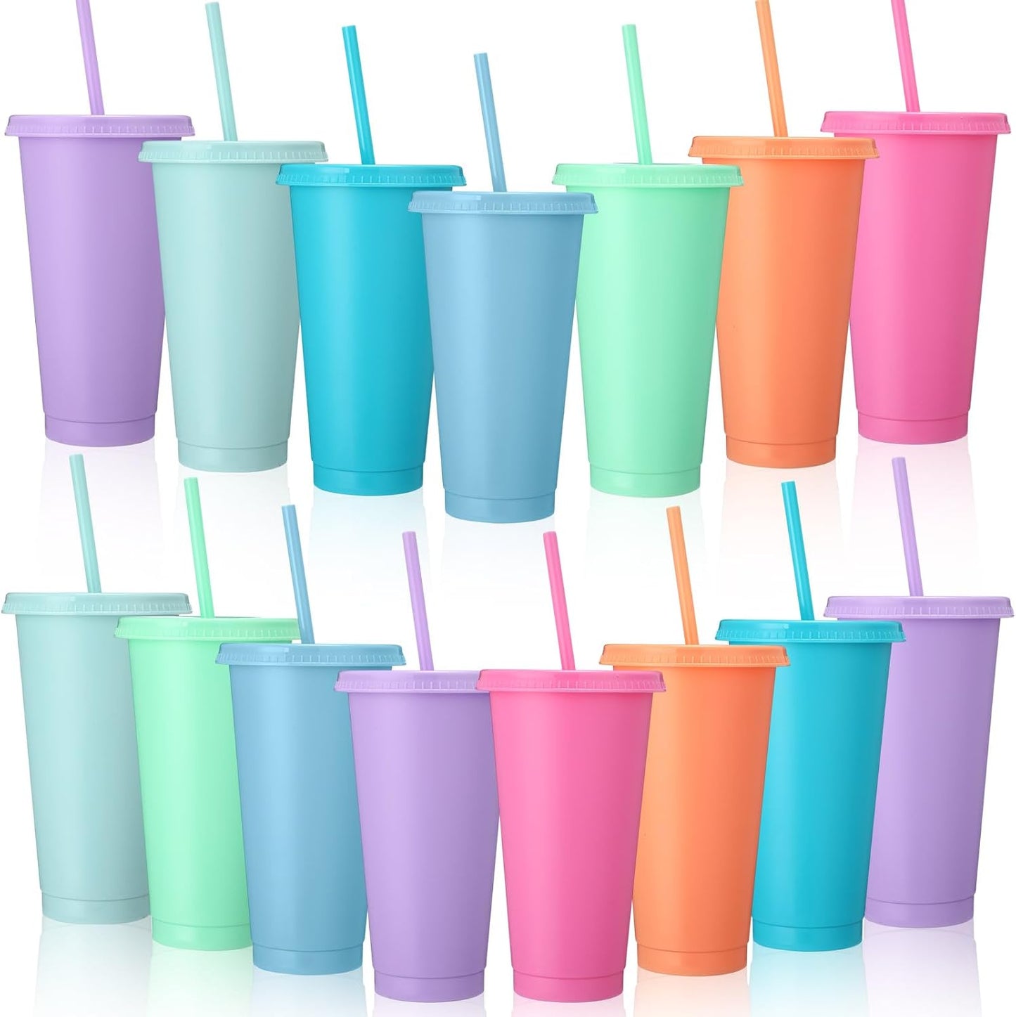Honeydak 15 Pack Tumbler with Straw and Lid Bulk Cups for Gifts Water Bottle Iced Coffee Travel Mug Cup Reusable Plastic Tumblers for Party Birthdays 24-27 oz (Solid Color)
