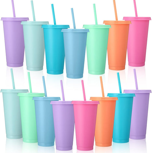Honeydak 15 Pack Tumbler with Straw and Lid Bulk Cups for Gifts Water Bottle Iced Coffee Travel Mug Cup Reusable Plastic Tumblers for Party Birthdays 24-27 oz (Solid Color)