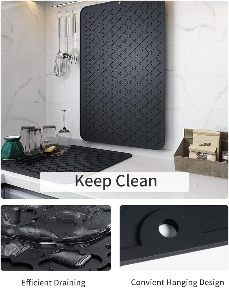 AMOAMI-Dish Drying Mats for Kitchen Counter-Silicone Dish Drying Mat-Kitchen Dish Drying Pad Heat Resistant Mat-Kitchen Gadgets Kitchen Accessories Kitchen Small Appliances(12" x 16", BLACK)