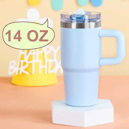 Cosictic 14 Oz Flip Straw Tumbler with Handle for Kids, Stainless Steel Double Wall Insulated Cup for Children with Flip Top Lid, 14 Oz Leak-proof Cups for Kids, Sky Blue and Purple